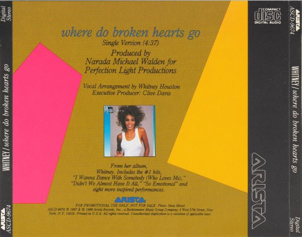 Whitney Houston : Where Do Broken Hearts Go (CD, Single, Promo)