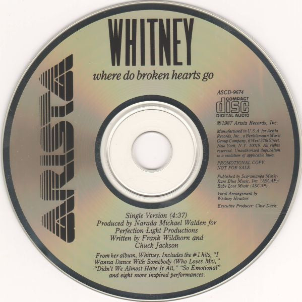 Whitney Houston : Where Do Broken Hearts Go (CD, Single, Promo)