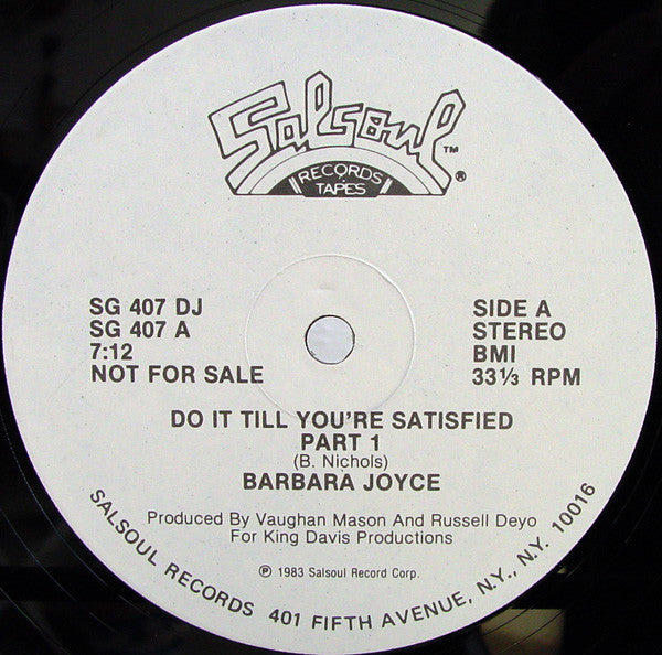 Barbara Joyce : Do It Till You're Satisfied (12", Single, Promo)