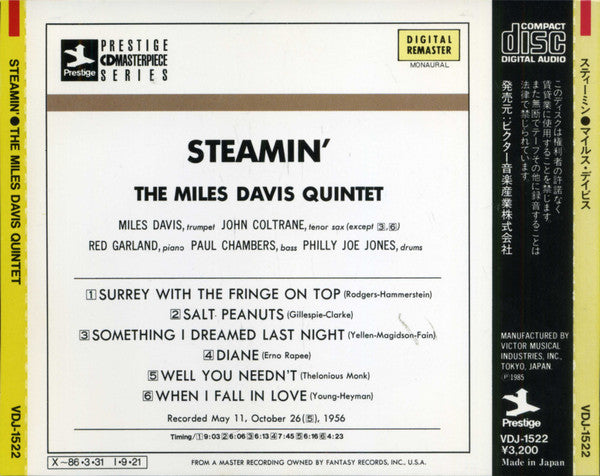 The Miles Davis Quintet : Steamin' With The Miles Davis Quintet (CD, Album, Mono, RE, RM)