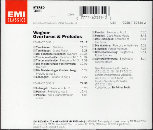 Wagner*, Sir Adrian Boult : Overtures & Preludes (2xCD, Comp, RE, RM)