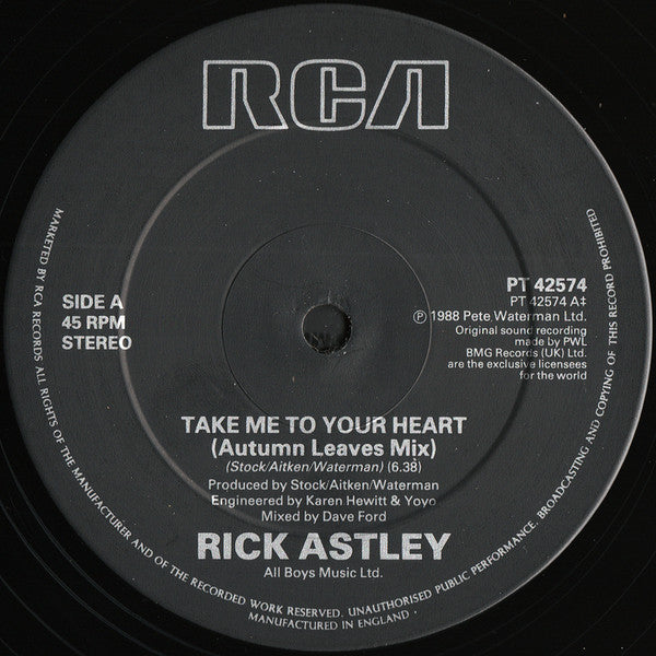 Rick Astley : Take Me To Your Heart (12", Single, CBS)