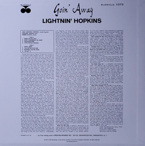 Lightnin' Hopkins : Goin' Away (LP, Album, Ltd, RE, RP, 180)