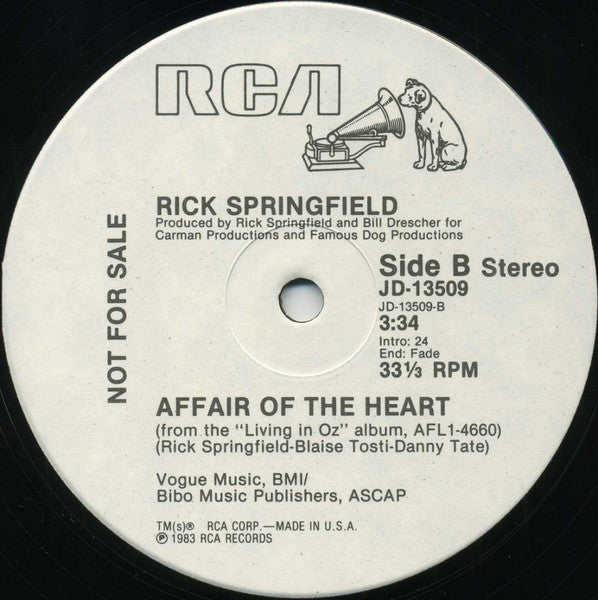 Rick Springfield : Affair Of The Heart (12", Single, Promo)