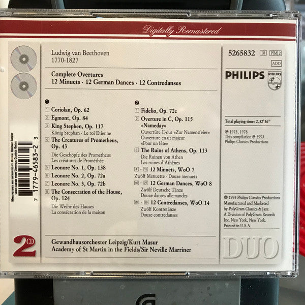 Beethoven* - Kurt Masur, Gewandhausorchester Leipzig - Sir Neville Marriner, The Academy Of St. Martin-in-the-Fields : Complete Overtures / 12 Minuets / 12 German Dances / 12 Contredanses (2xCD, Comp, Club, RE)