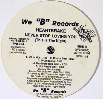 Heartbrake : Never Stop Loving You (This Is The Night) (12", Promo)