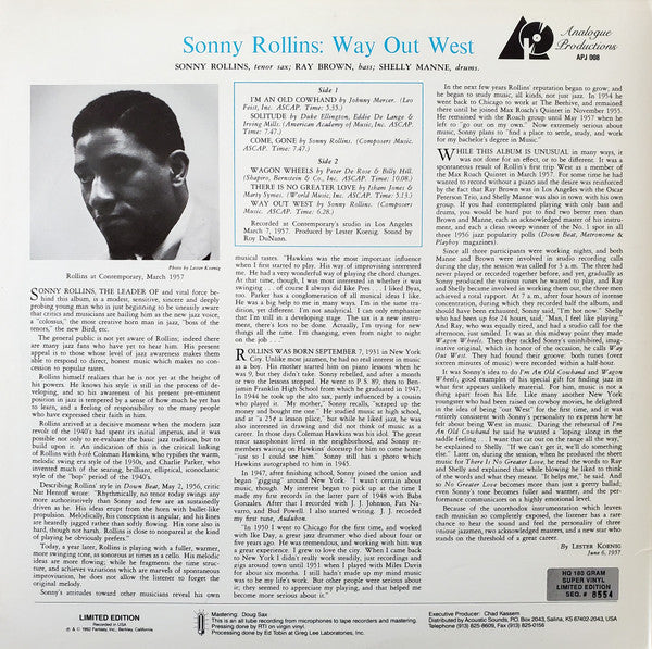 Sonny Rollins : Way Out West (LP, Album, Ltd, Num, RE, RM, 180)