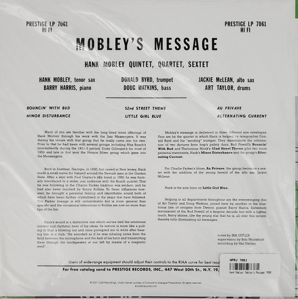 Hank Mobley : Mobley's Message (LP, Album, Mono, Ltd, RE, RP, 180)