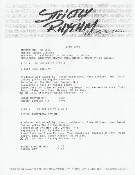 House 2 House : Good Feeling / Everybody Get Up (12", TP)