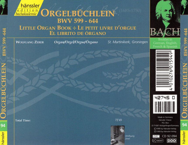 Johann Sebastian Bach, Wolfgang Zerer : Orgelbüchlein BWV 599 - 644 (CD, Album)