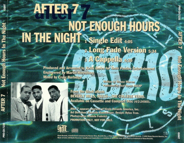After 7 : Not Enough Hours In The Night (CD, Single, Promo)