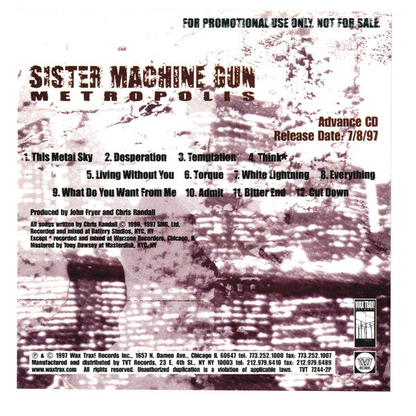 Sister Machine Gun : Metropolis (CD, Advance, Album, Promo)