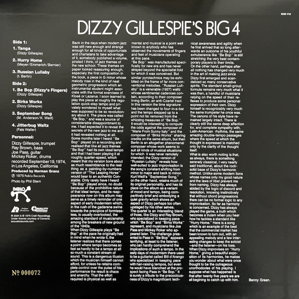Dizzy Gillespie's Big 4 : Dizzy Gillespie's Big 4 (LP, Album, Ltd, Num, RE, 180)