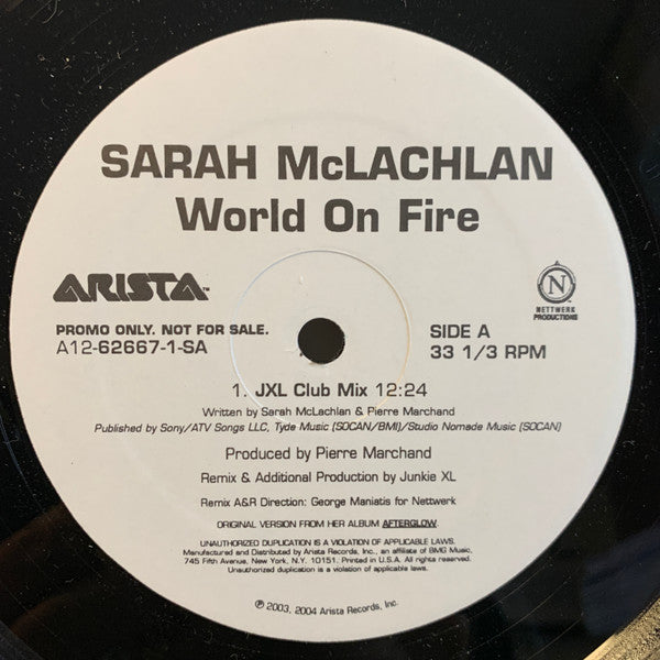 Sarah McLachlan : World On Fire (12", Promo)