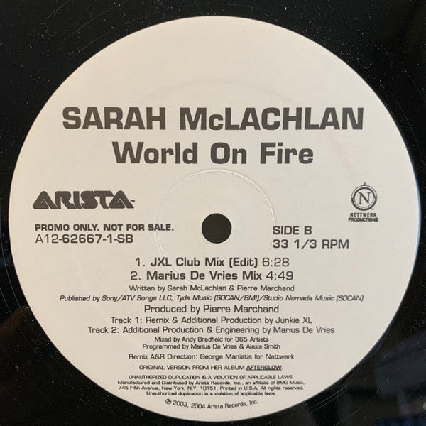 Sarah McLachlan : World On Fire (12", Promo)