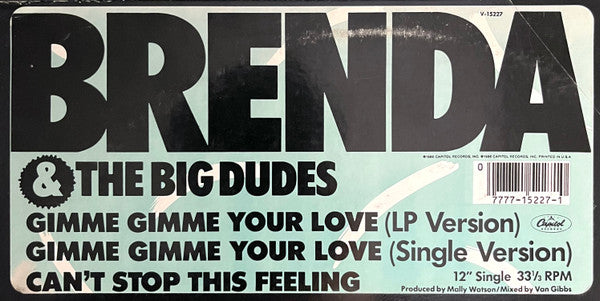 Brenda & The Big Dudes : Gimme Gimme Your Love / Can't Stop This Feeling (12")