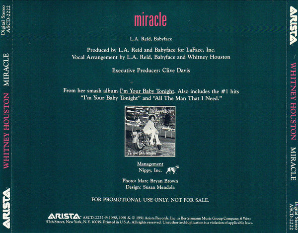 Whitney Houston : Miracle (CD, Single, Promo)