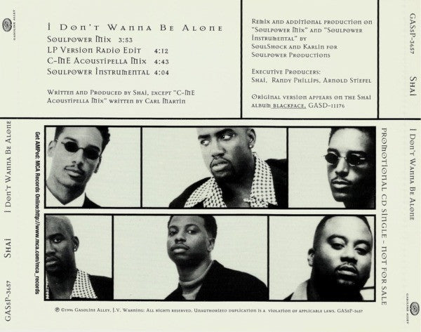 Shai (3) : I Don't Wanna Be Alone (CD, Single, Promo)