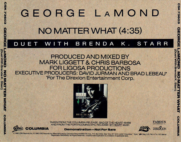 George LaMond Duet With Brenda K. Starr : No Matter What (CD, Single, Promo)