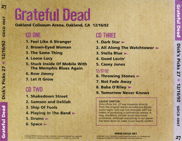 Grateful Dead* : Dick's Picks 27: Oakland Coliseum Arena, Oakland, CA December 16 1992 (3xHDCD, Album)