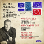 the album cover for Royal Liverpool Philharmonic Orchestra & Vasily - Mussorgsky: Pictures at and Exhibition; Khachaturian: Spartacus Suite; Kabalevsky: Overture - `Colas Breugnon'; Shchedrin: `Naug