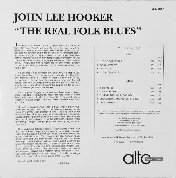 John Lee Hooker : The Real Folk Blues (LP, Album, RE, RM, 180)