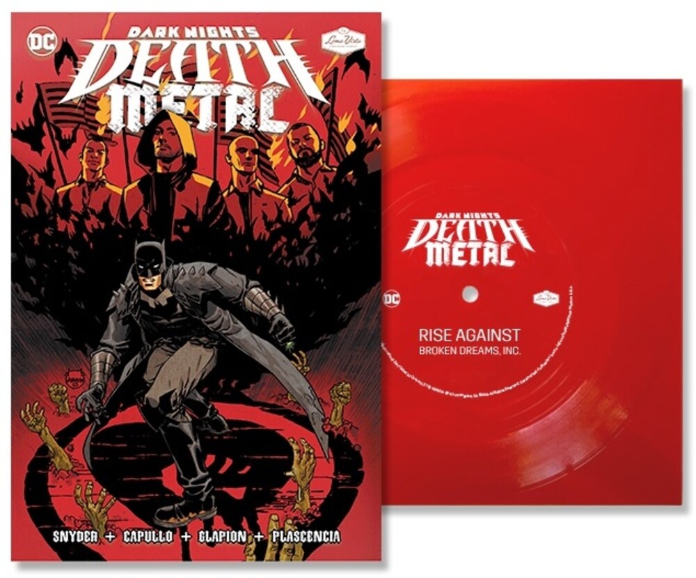 the album cover for Rise Against - Broken Dreams, Inc. (DC - Dark Nights: Death Metal Version) [Indie Exclusive Limited Edition Red 7in Flexi Disc + Comic]