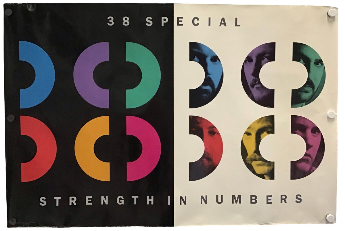 A rectangular printed banner or flag with grommets on the left and right edges, shown against a plain white background. The design is split vertically: the left half is black with colorful segmented numerals and the text '38 SPECIAL' and 'STRENGTHEN NUMBERS'; the right half is off-white with the same numerals filled with stylized portrait artwork.