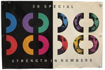 A rectangular printed banner or flag with grommets on the left and right edges, shown against a plain white background. The design is split vertically: the left half is black with colorful segmented numerals and the text '38 SPECIAL' and 'STRENGTHEN NUMBERS'; the right half is off-white with the same numerals filled with stylized portrait artwork.