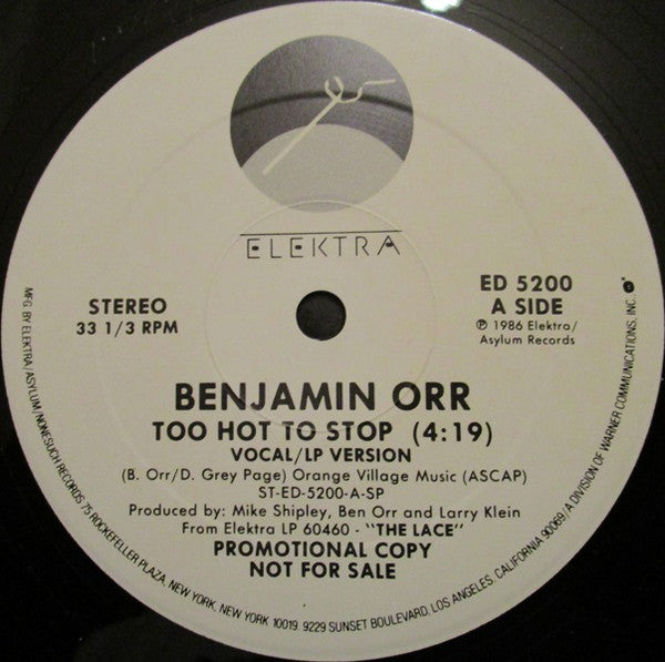 Benjamin Orr : Too Hot To Stop (12", Promo)
