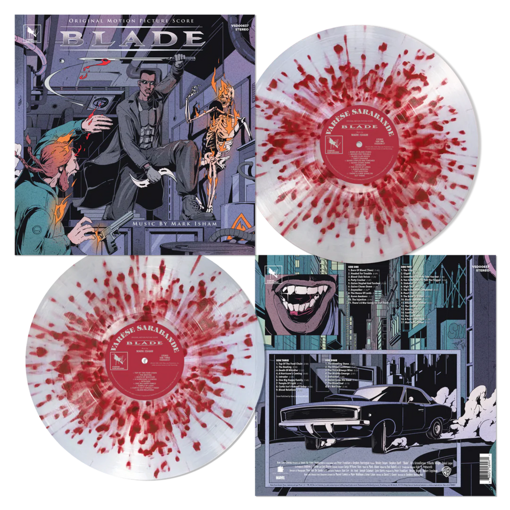 the album cover for Mark Isham - Blade (Original Soundtrack) [Blood Splatter Clear vinyl]