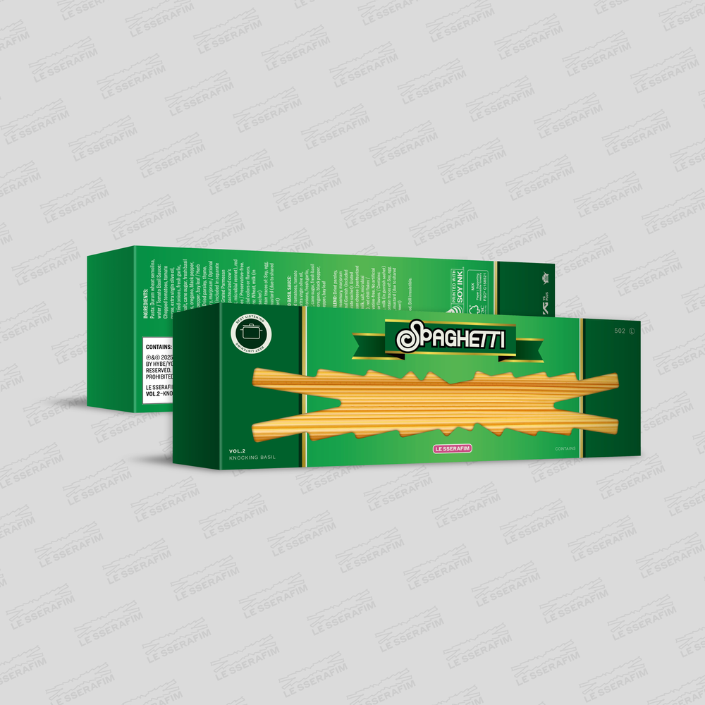 the album cover for LE SSERAFIM - 1st Single Album 'SPAGHETTI' [CHEEKY NEON PEPPER ver.]