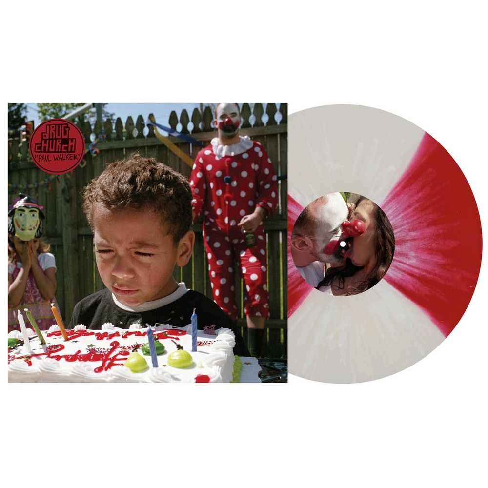 the album cover for Drug Church - Paul Walker [Indie Exclusive Milky Clear/Red Quad w/ White Splatter]