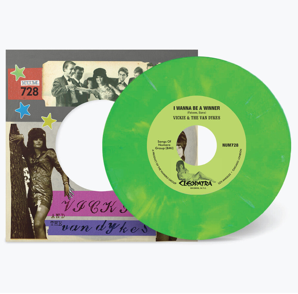 the album cover for Vickie & The Van Dykes - I Wanna Be a Winner b/w Outcast [Peach & White Marble Vinyl Single]