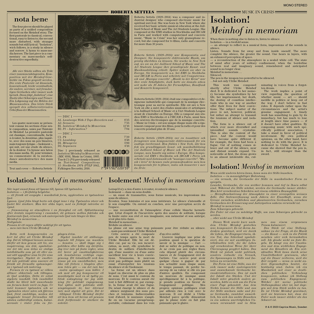the album cover for Roberta Settels - Music In Crisis