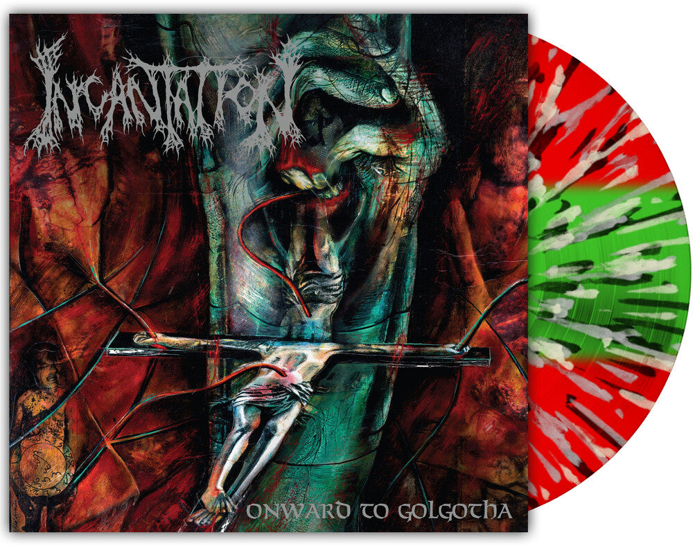 the album cover for Incantation - Onward To Golgotha -[Three Color Stripe with Splatter LP]