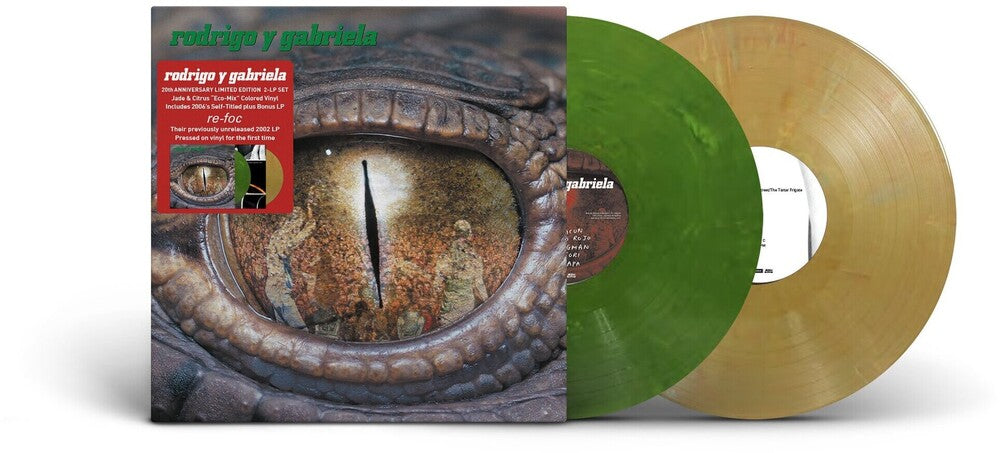 the album cover for Rodrigo GabrielaY - Rodrigo Y Gabriela with bonus disc Re-Foc (20th Anniversary Edition) [Jade & Citrus Colored Vinyl]