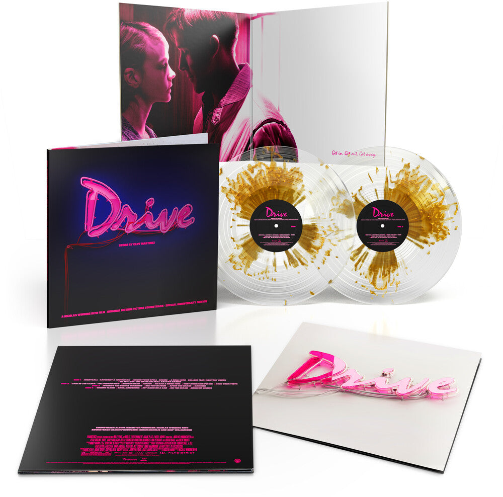 the album cover for Cliff Martinez - Drive: Original Motion Picture Soundtrack - 15th Anniversary [Gold Splatter On Clear]