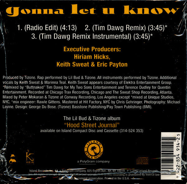 Lil Bud & Tizone Featuring Keith Sweat : Gonna Let U Know (CD, Maxi)