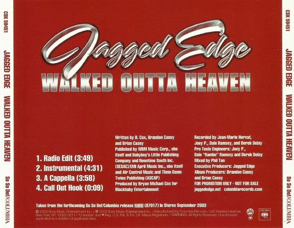 Jagged Edge (2) : Walked Outta Heaven (CD, Single, Promo)