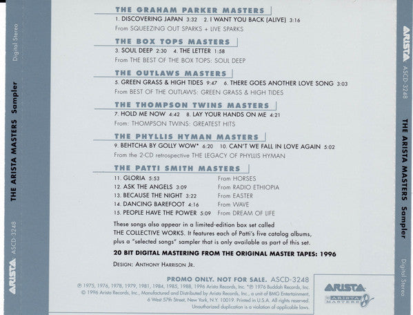 Various : The Arista Masters Sampler (CD, Comp, Promo)