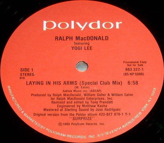 Ralph MacDonald Featuring Yogi Lee : Laying In His Arms (12", Promo)