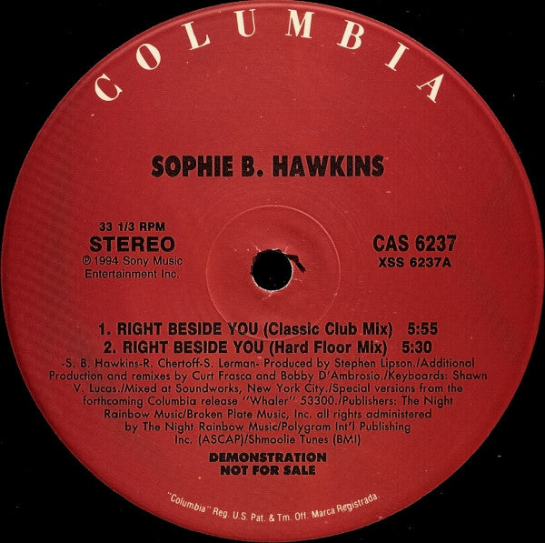 Sophie B. Hawkins : Right Beside You (12", Maxi, Promo)