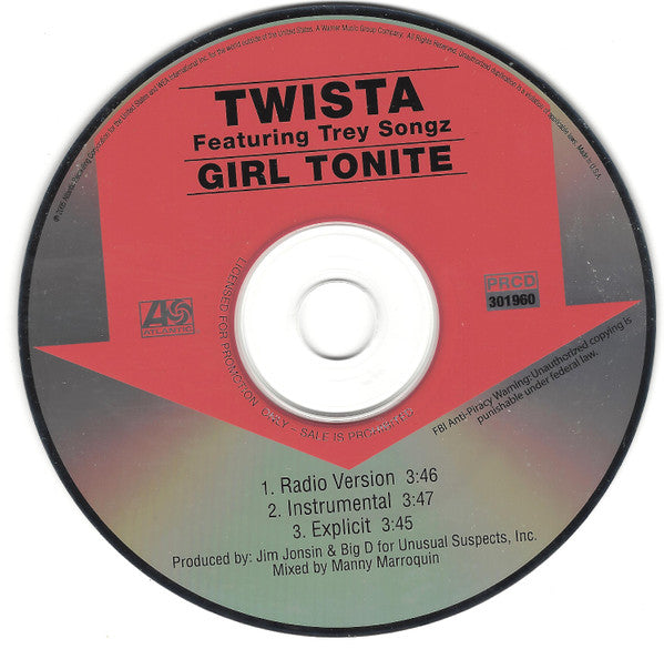 Twista Featuring Trey Songz : Girl Tonite (CD, Single, Promo)