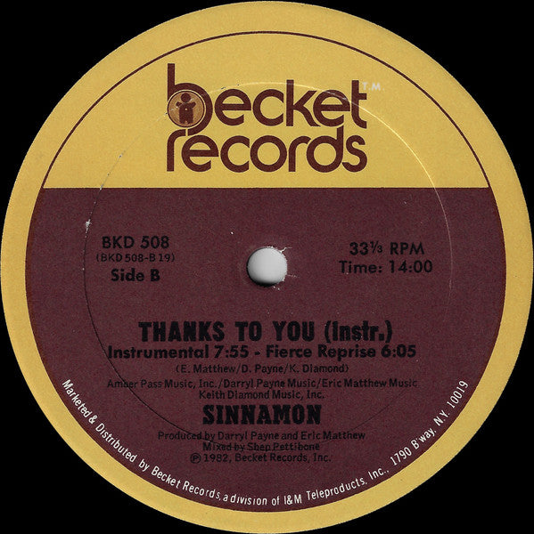 Sinnamon : Thanks To You (12", Single)