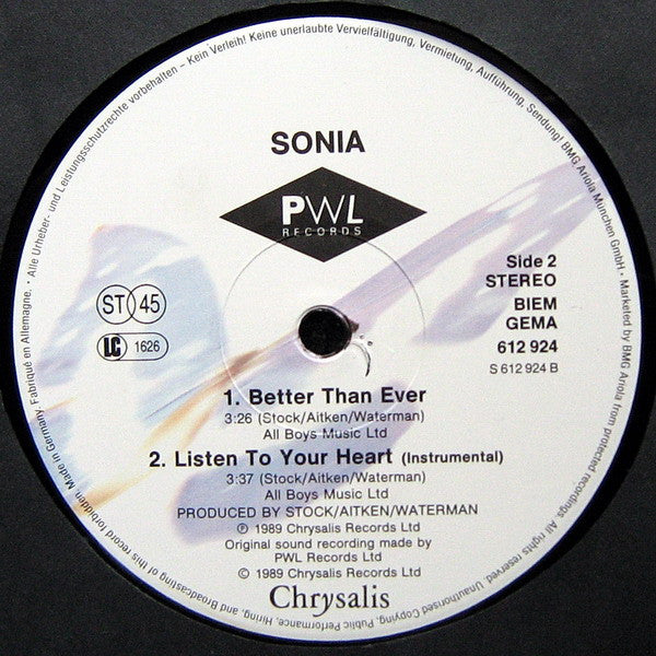 Sonia : Listen To Your Heart (12", Maxi)