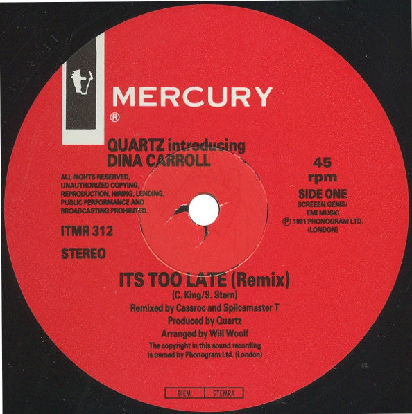 Quartz (2) Introducing Dina Carroll : It's Too Late (Remix) (12")