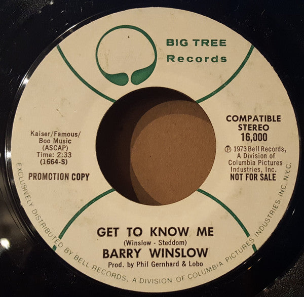 Barry Winslow : Get To Know Me / Where There's Love There's Fire (7", Promo)