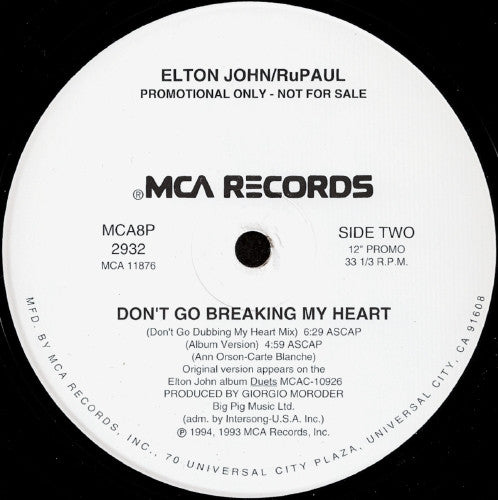 Elton John / RuPaul : Don't Go Breaking My Heart (12", Promo)