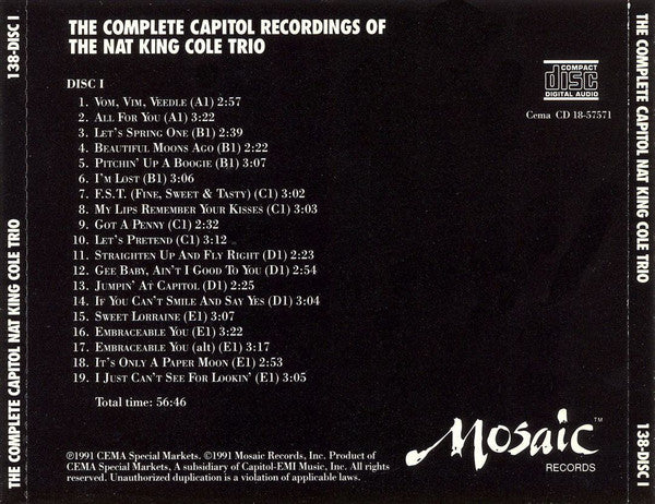 The Nat King Cole Trio : The Complete Capitol Recordings Of The Nat King Cole Trio (18xCD, Mono, RM + Box, Comp, Ltd, Num)